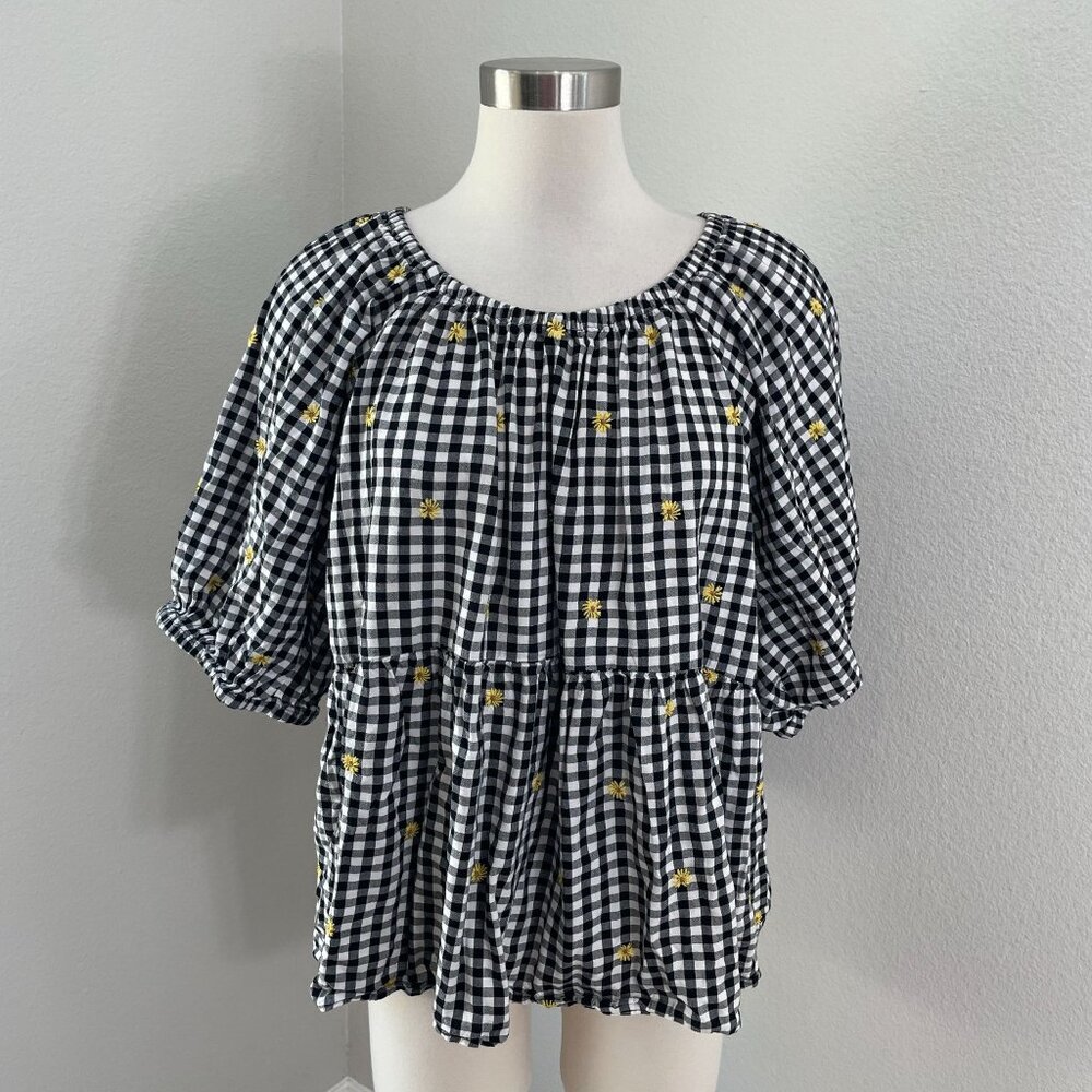 Old Navy Womens Plus‎ XXL Black White Gingham Blouse Embroidered Yellow Flowers